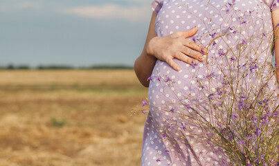 pregnant woman hand touching belly, future mother walking in field with a bouquet of wildflowers