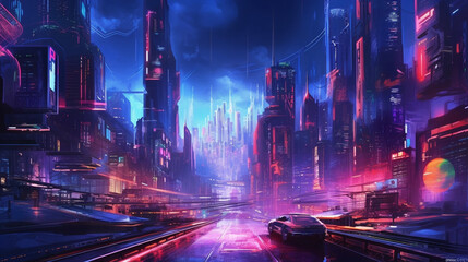 Spectacular nighttime in cyberpunk city of the futuristic fantasy world features skyscrapers, flying cars, and neon lights. Digital art, Acrylic painting.