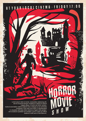 Silhouette of the man in the forest looking at the dark castle in the distance, artistic vector illustration. Horror movie poster idea with unique graphic illustration. Film festival vintage flyer.