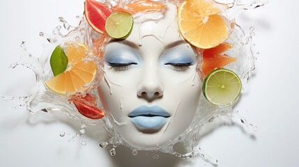 Woman's face with fruits and berries. Cosmetic concept, berry, fruit acid peeling, serum, vitamin face mask. Minimalistic creative composition. - obrazy, fototapety, plakaty