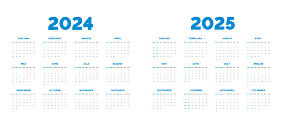 2024 Calendar and 2025 Calendar vector illustration. week starts on Sunday, Simple planner design template, 2024 year corporate business calendar design template. use to wall, desk or business planner