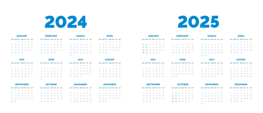 2024 Calendar and 2025 Calendar vector illustration. week starts on Sunday, Simple planner design template, 2024 year corporate business calendar design template. use to wall, desk or business planner