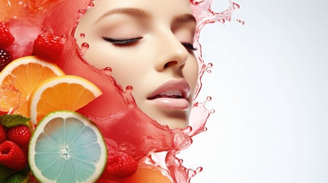Woman's face with fruits and berries. Cosmetic concept, berry, fruit acid peeling, serum, vitamin face mask. Minimalistic creative composition.