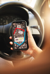 Phone, map and hands of person in a car for location, search or navigation closeup. Smartphone, travel and driver check app for online traffic notification, direction or road trip route in a vehicle