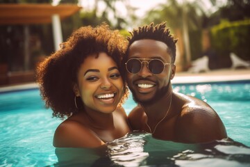 Young African American couple having fun in a swimming pool in hotel resort. Summer vacation. generative AI, Generative AI  - obrazy, fototapety, plakaty