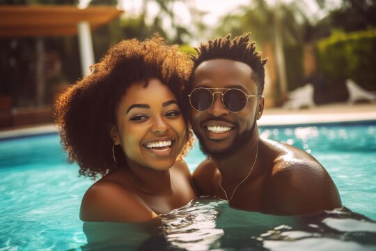 Young African American Couple Having Fun In A Swimming Pool In Hotel Resort. Summer Vacation. Generative AI, Generative AI 