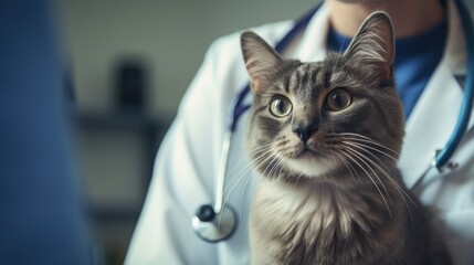 Veterinary holds cute cat and making medical checking for pet on vet clinic room