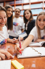 A vibrant campus library where professors and students collaborate on school projects, study...