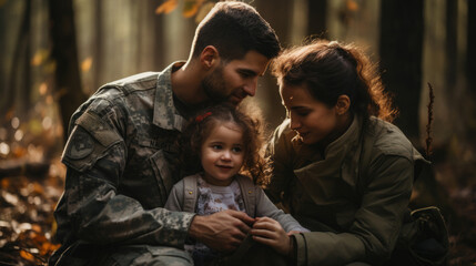 Mom and dad in military uniform hug their child. Military family month concept.