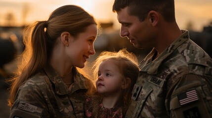Mom and dad in military uniform hug their child. Military family month concept.