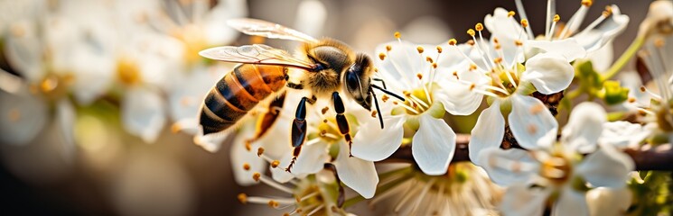 Bee on a flower, collecting pollen by striped insects. Honey production by animals. Flying with a sting. Pollination of flowers in a natural way. - obrazy, fototapety, plakaty