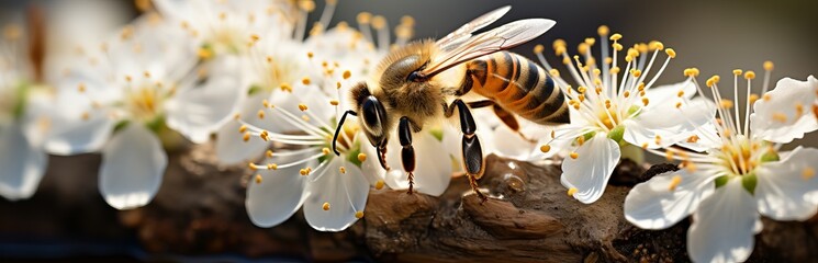Bee on a flower, collecting pollen by striped insects. Honey production by animals. Flying with a sting. Pollination of flowers in a natural way.