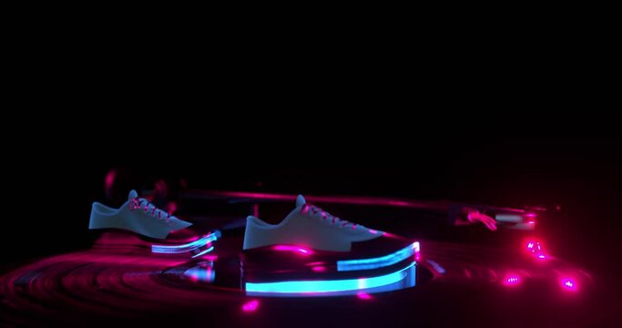 dancing abstract shoes, with neon light, on a vinyl record player, beautiful background for music, 3d render