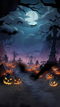 halloween night decorative with bat and moon for social media story background. seamless looping time-lapse virtual video animation background