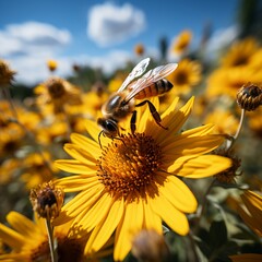 Bee on a flower, collecting pollen by striped insects. Honey production by animals. Flying with a sting. Pollination of flowers in a natural way.