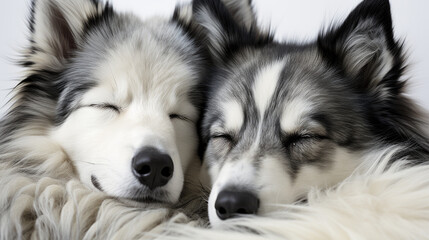 Two cute black and white dogs sleeping together