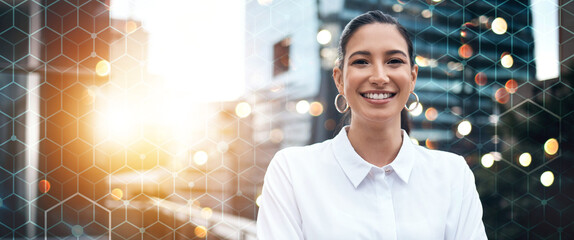 Portrait, business and woman with overlay, city and corporate professional with success, innovation and career. Face, person and entrepreneur with startup, outdoor and urban development with banner