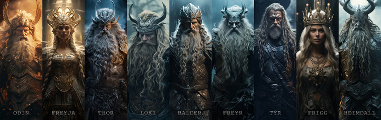Norse nordic mythology Gods. Odin, Freyja, Thor, Loki, Balder, Freyr, Týr, Frigg, Heimdall. - obrazy, fototapety, plakaty