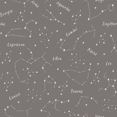Seamless constellation pattern on beige background, vector