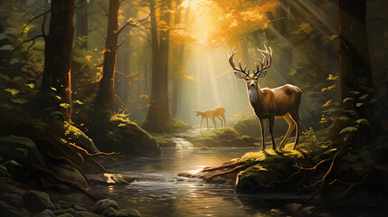 A painting of a deer in a forest