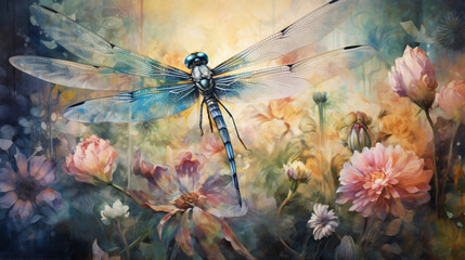 A painting of a dragonfly on a flowery background - obrazy, fototapety, plakaty