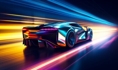 Futuristic Sports Car On Neon Highway. Powerful acceleration of a supercar with colorful lights trails, Generative AI  - obrazy, fototapety, plakaty