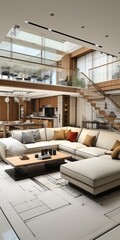 Professional Shot of a Wooden Interior Design. Comfortable Whie Sofa with Colorful Pillows.
