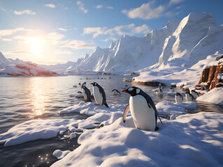 Penguin group on melting iceberg, global warming climate. Penguins on an iceberg in the Antarctic, Greenland. Landscape with iceberg and penguins. Generative AI - obrazy, fototapety, plakaty