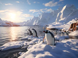 Foto op Aluminium Penguin group on melting iceberg, global warming climate. Penguins on an iceberg in the Antarctic, Greenland. Landscape with iceberg and penguins. Generative AI © Maxim Chuev