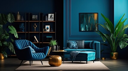 Modern Interior Design of a Blue Living Room with a Big Sofa and some Pillows, Armchair and other Decorations.