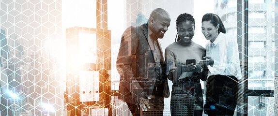 Team, business people and phone in city overlay in office, hexagon grid and corporate connectivity. Digital hologram, teamwork and cooperation with networking, ideas and problem solving on cellphone.