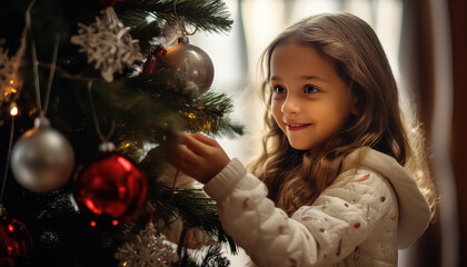 A girl decorates a Christmas tree for the New Year or Christmas