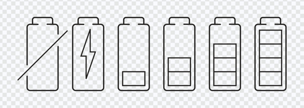 Battery Charge Indicator Editable Thin Line Vector,  Accumulator Icons. Battery Charging. Charger Vector Icon.