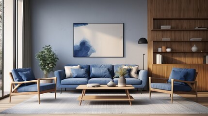 Modern Interior Design of a Light Blue Living Room with a Big Sofa and some Pillows, Armchair and other Decorations.