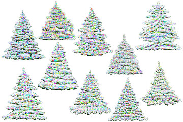 Set of Christmas trees decorated with garlands snow-covered. Evergreen snow-covered tree in winter. Green spruce in the snow.