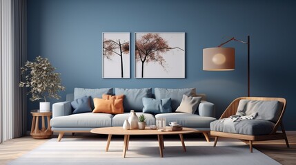 Modern Interior Design of a Light Blue Living Room with a Big Sofa and some Pillows, Armchair and other Decorations. - obrazy, fototapety, plakaty