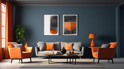 Colorful Interior Design of a Living Room Blue Mixed with Orange. Contemporary Design.