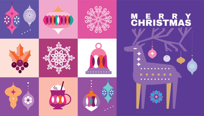 Merry Christmas and Happy New Year 2024  holiday template design banner, poster, card, cover  Gifts, Santa, ball toy, christmas tree, snowflake   Modern Xmas flat cartoon cute vector illustration