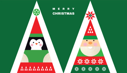 Merry Christmas and Happy New Year holiday template design banner, poster, card, cover Santa, ball toy, christmas tree, snowflake   Modern Xmas flat cartoon cute vector illustration