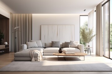 Luxurious Living Room Design. White Room and Natural Light. Huge Sofa, Wooden & Stone Walls and Curtains. Modern.