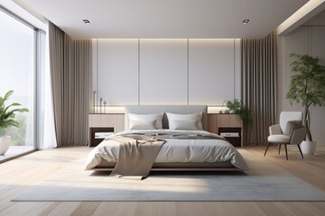 Luxurious Bedroom Design. White Room and Natural Light. Wooden & Stone Walls and Curtains. Modern.