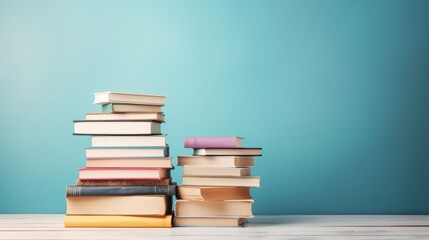 Many books on a wooden table and a pastel blue background. back to school. Education. Generative AI 