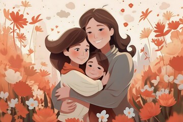 mother hugging her child in the park, vector illustration