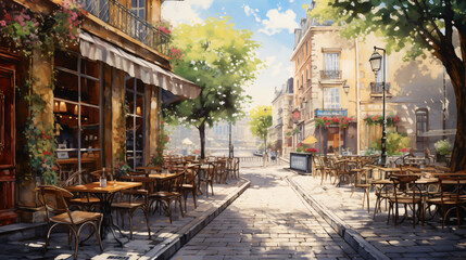 A painting of a city street with tables chairs
