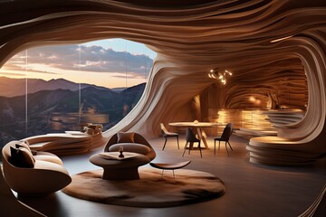 Luxurious & Futuristic Interior Design with Wall made of Rocks Asimmetrical Shapes. - obrazy, fototapety, plakaty