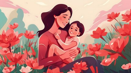 Obraz na płótnie Canvas mother hugging her child in the park, vector illustration