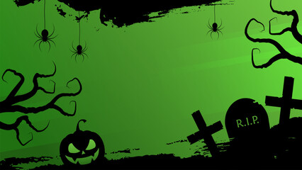 Halloween theme scary banner with traditional Halloween holiday spooky symbols for invitations and greetings designs. Black and green colors. Vector illustration.