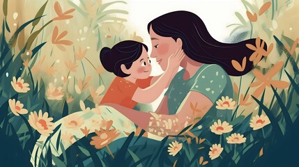 mother hugging her child in the park, vector illustration