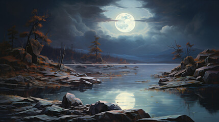 A painting of a full moon over a lake