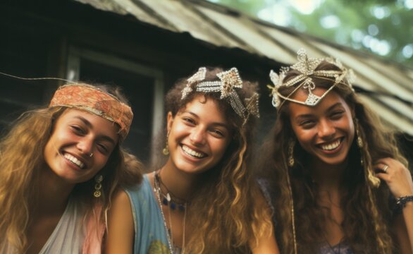 A cinematic portrait of happy, smiling women dressed in colorful hippy clothing, standing together outdoors in a display of friendship and wild, free-spirited energy